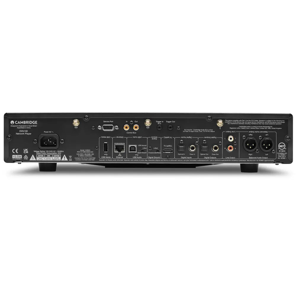 Cambridge Audio EXN100, vista posteriore con ingressi digitali, HDMI eARC e uscite RCA e XLR