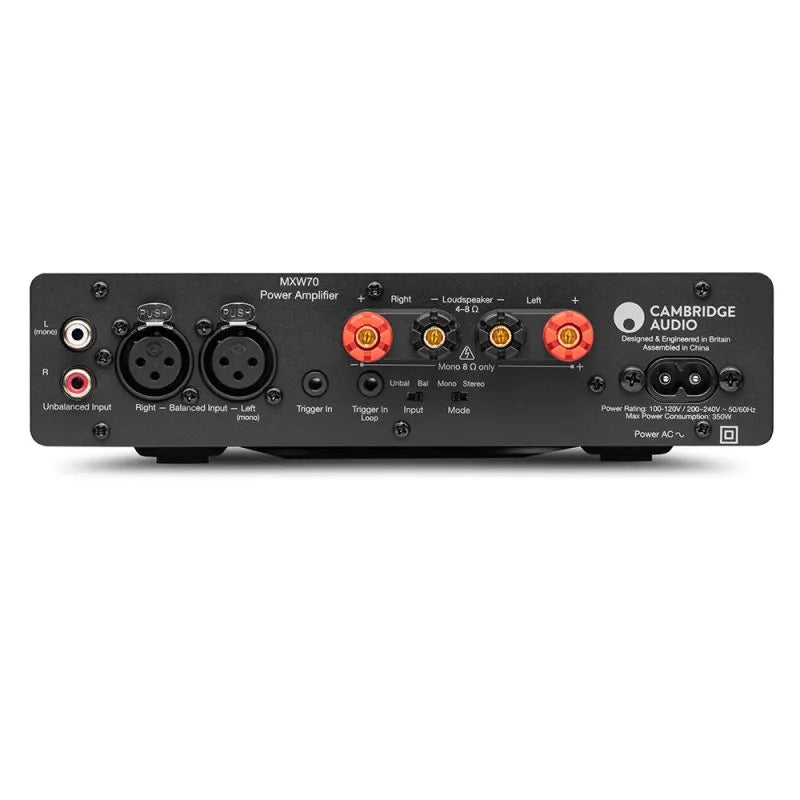 Cambridge Audio MXW70, vista posteriore con ingressi RCA e XLR, morsetti per i diffusori e trigger