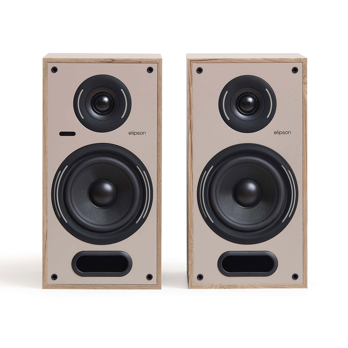 Elipson Horus 6B Active BT, finitura legno chiaro e beige, la coppia vista di fronte