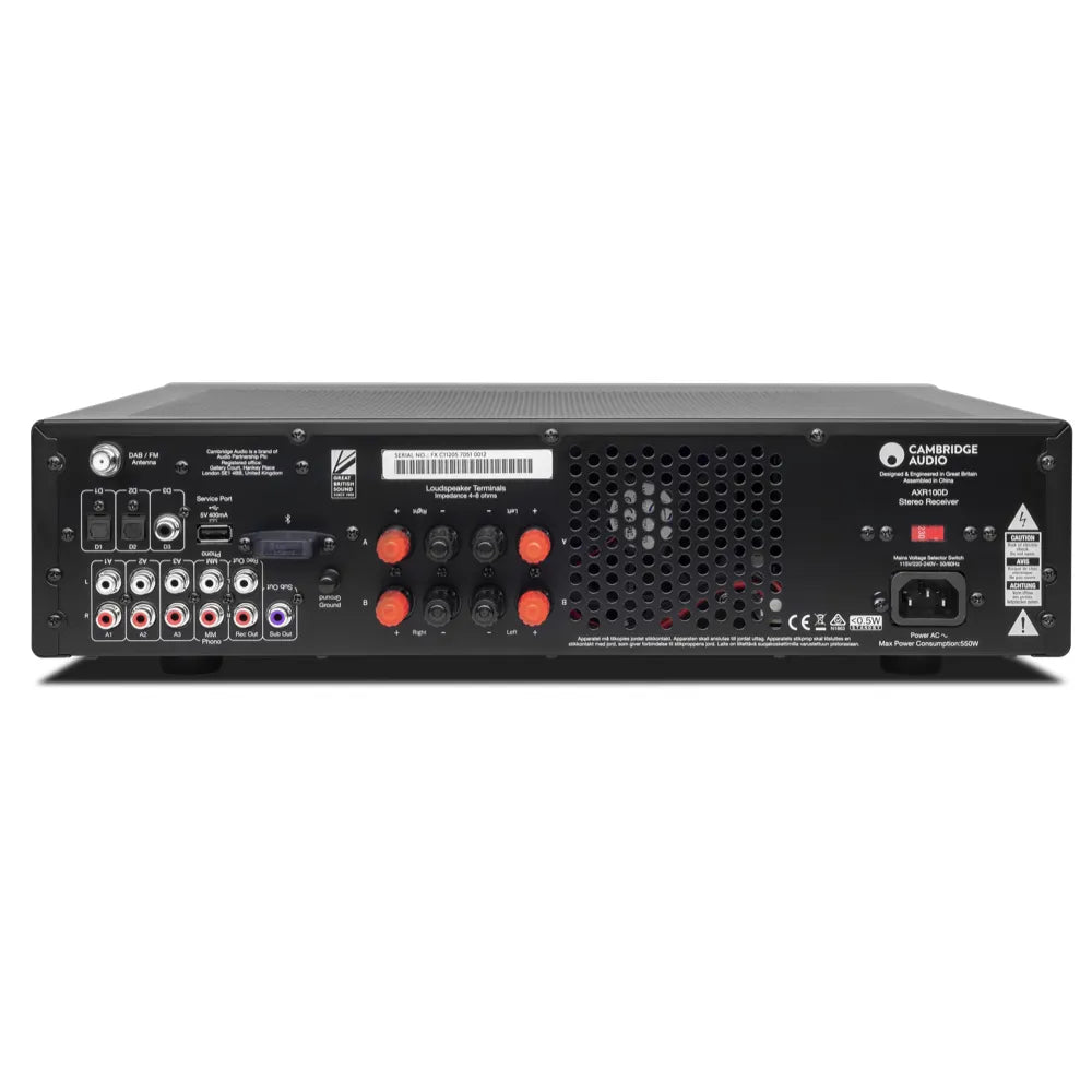 Cambridge Audio AXR100D — retro con ingressi, uscite per i diffusori e presa d'antenna