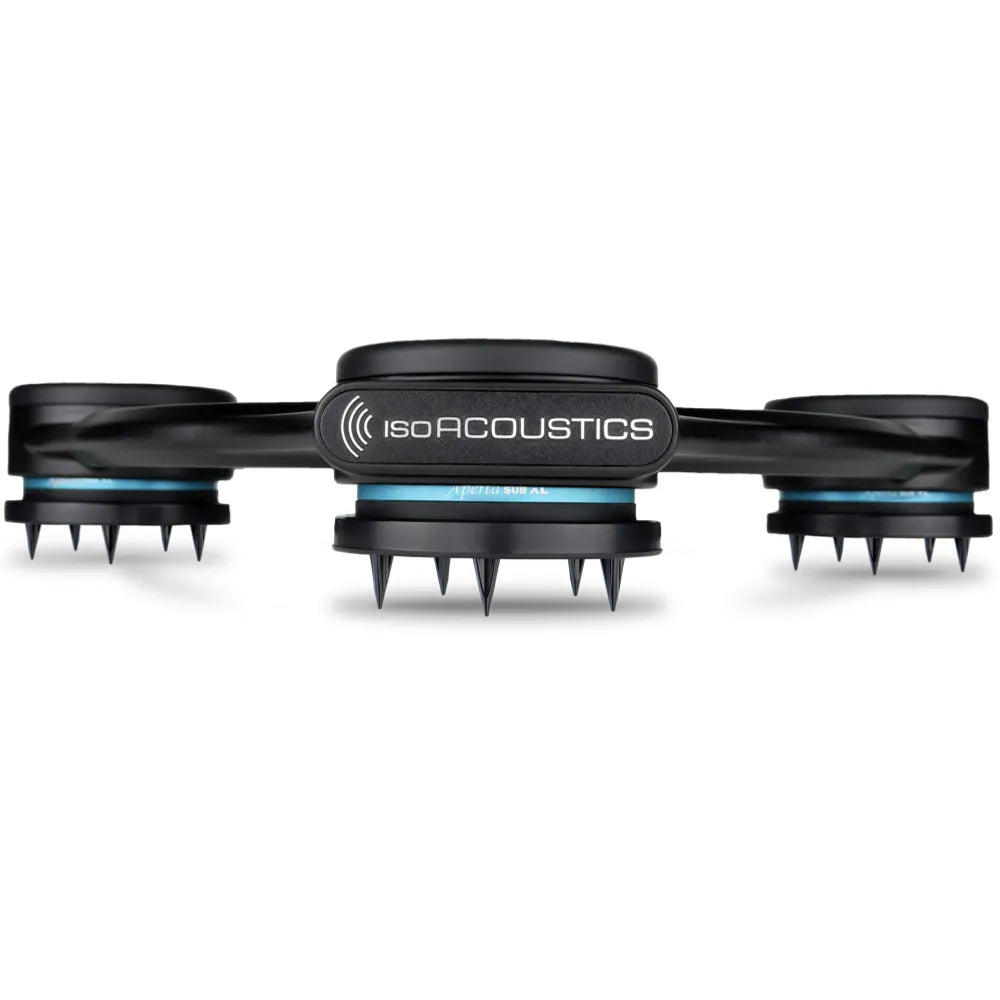 IsoAcoustics Aperta Sub — Aperta Sub XL, vista frontale con i Carpet Disc montati
