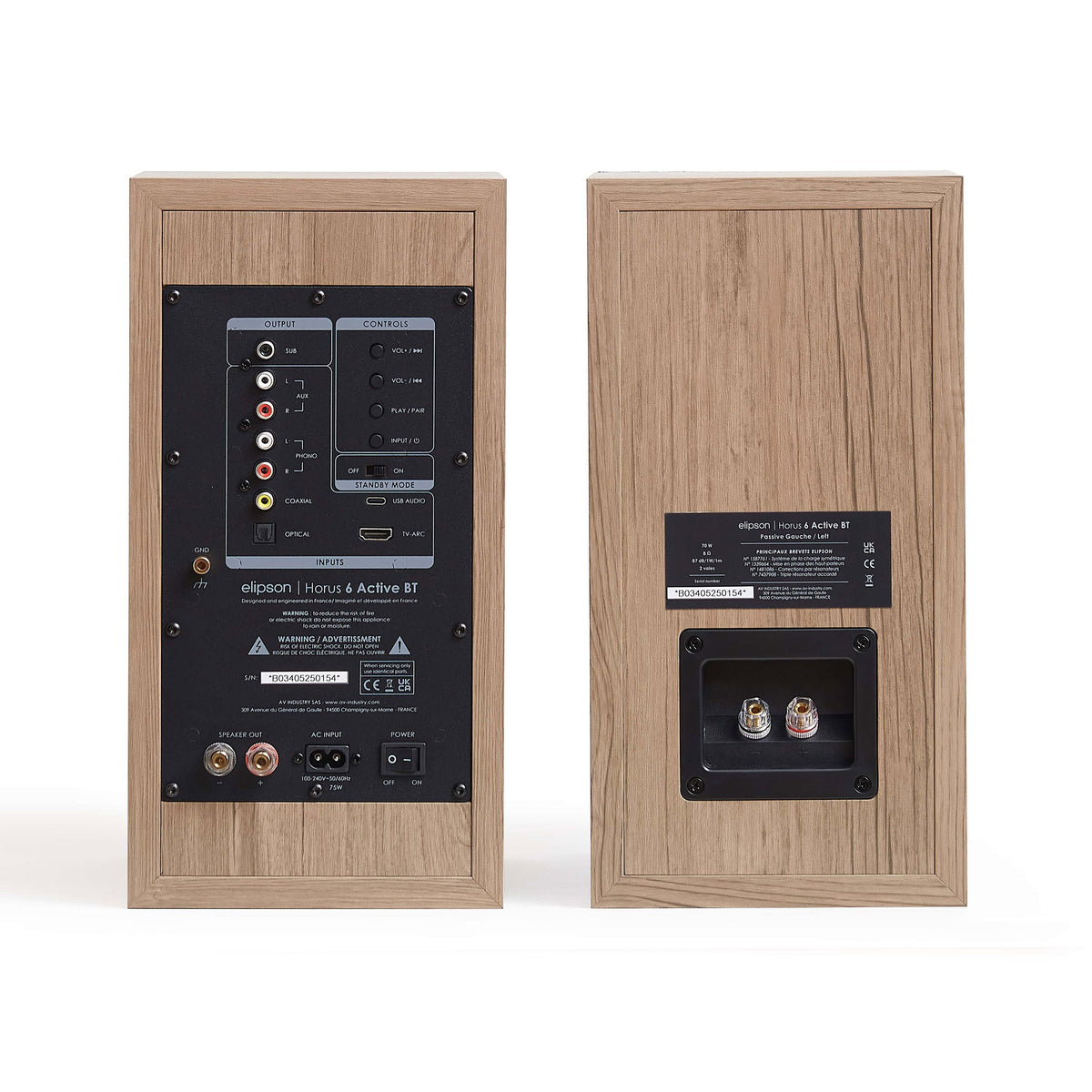 Elipson Horus 6B Active BT, finitura legno chiaro e beige, pannelli posteriori