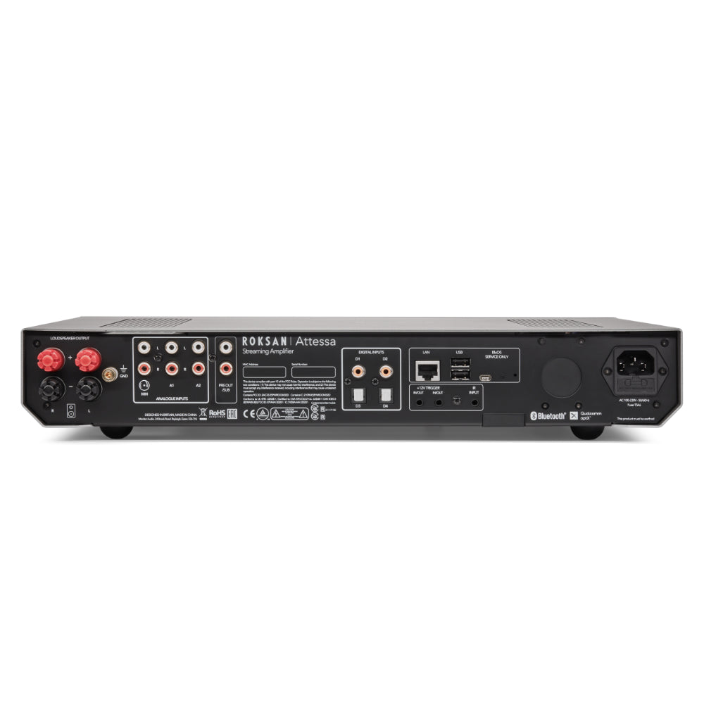Roksan Attessa Streaming Amplifier, pannello posteriore con ingressi, rete e morsetti